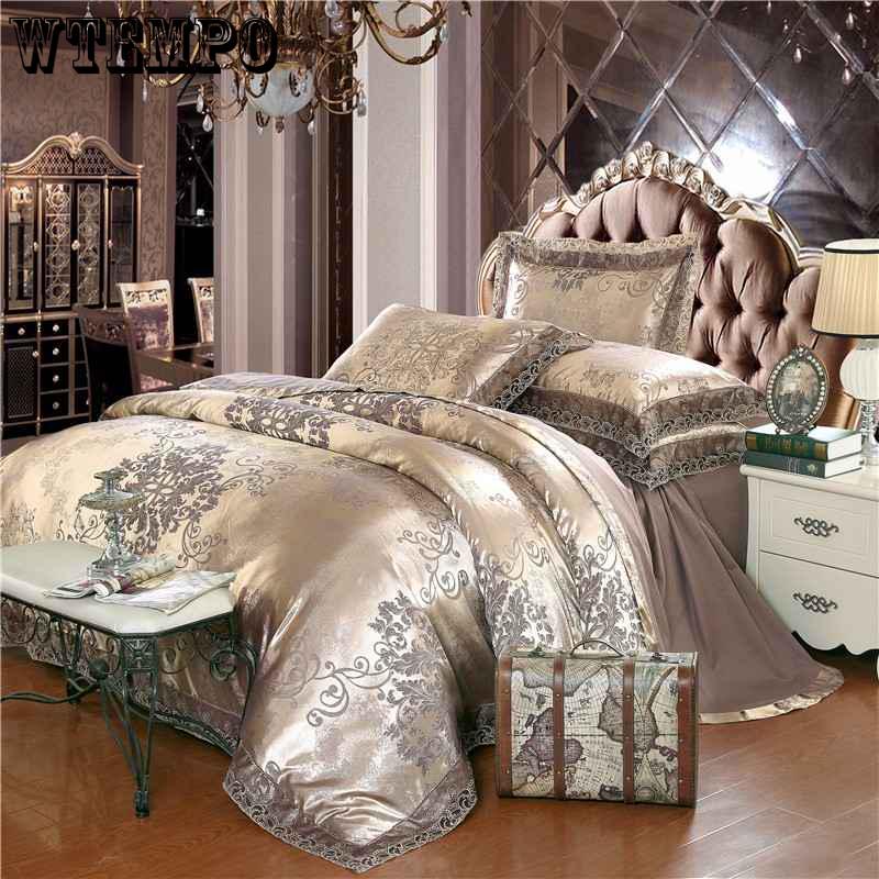 Europe Style Jacquard Bedding Set 4 Pcs Lace Bedclothes Bed Set Satin Duvet Cover