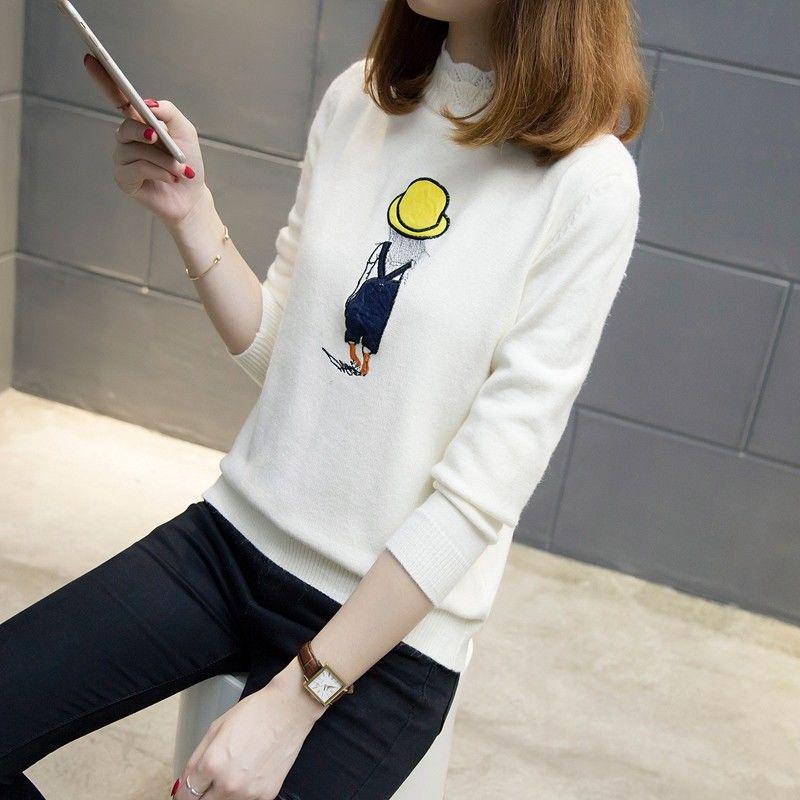 Women's Round Neck Short Sweater Solid Color High Collar Print Sweater Spring and Autumn Sweater