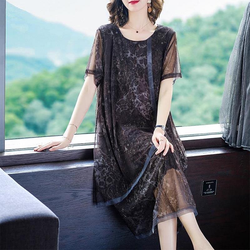 Retro Mesh Stitching Dress Women's Loose Large Size Mid-length Summer Chiffon Skirt