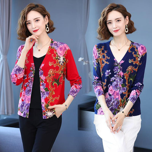 Autumn and Winter Printed Cardigan Women's Plus Size Casual Sweater Coat High-end Wool Sweater