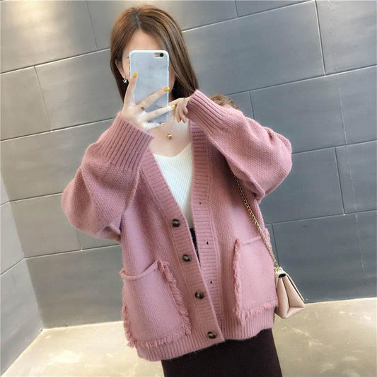 Women's Loose Knit Cardigan Spring and Autumn V-neck Blouse Wear All-match Tassel Sweater Coat