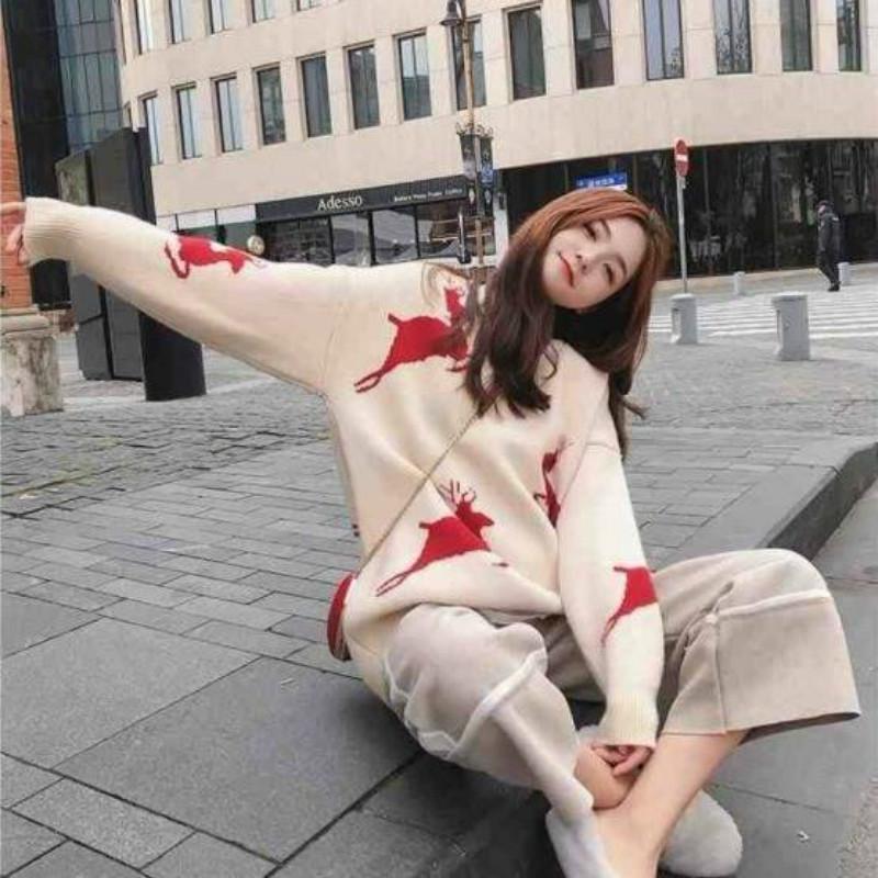 Pofulove Christmas Elk Sweater Women Red Lazy Loose Autumn Winter Thick Long-sleeved Sweater Fashion