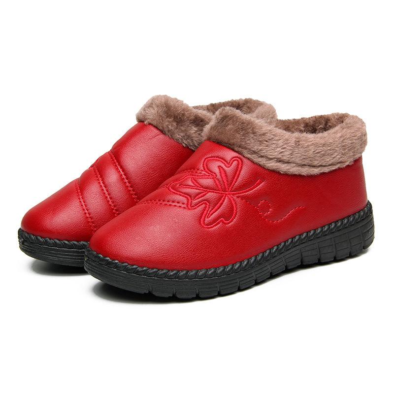 Winter Plus Velvet Leather Embroidered Cotton Shoes Waterproof Non-slip Warm Shoes Flat Bottom Women's Shoes Casual Shoes