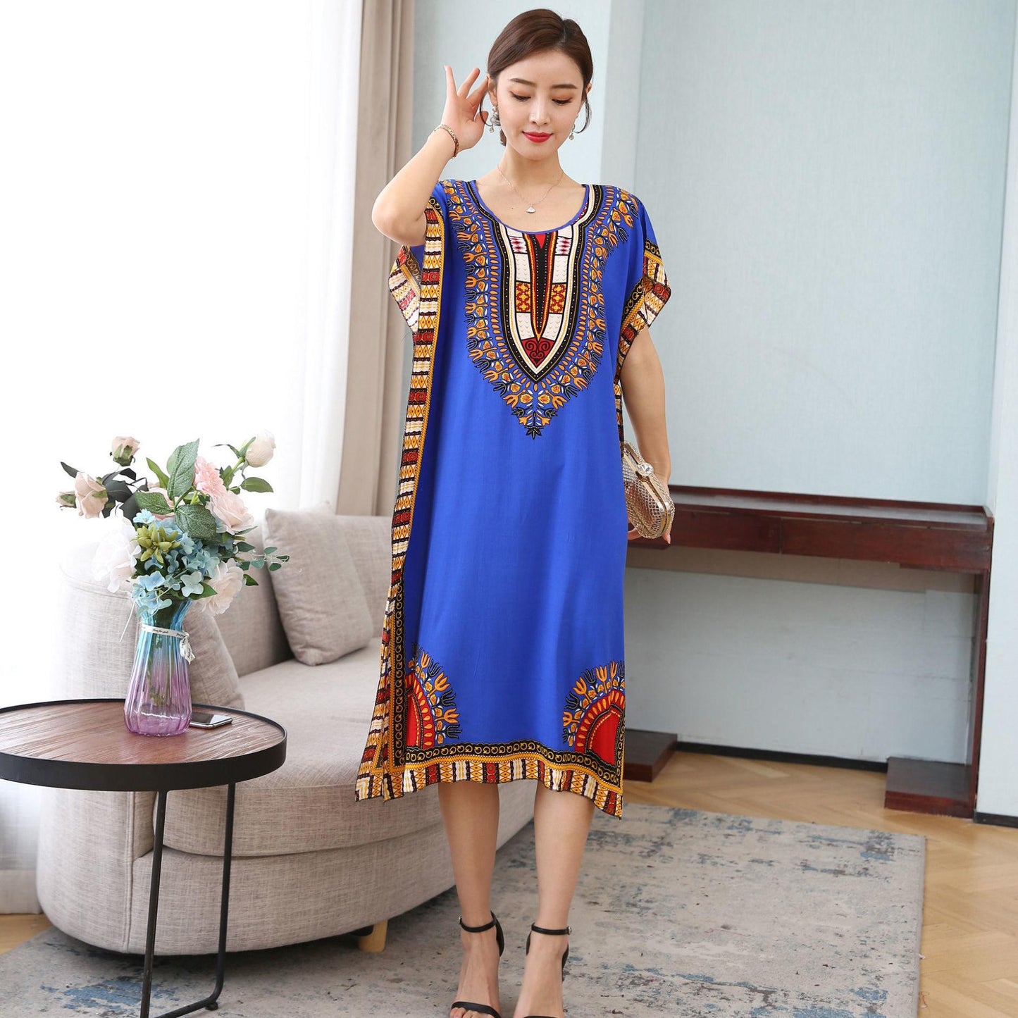 Women Summer Vintage High Waist Short Sleeve Mid-length Dress Elegant Loose Round Collar Print Casual Dress