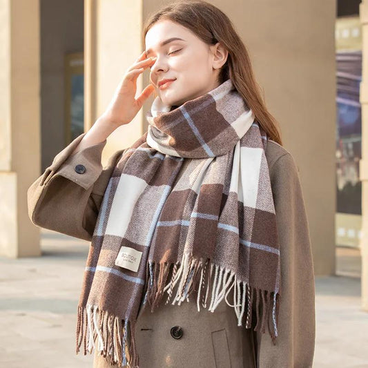 Women's Cashmere Scarf Korean Fashion Fringed Plaid Scarf Winter Dual-use Lengthened Thick Shawl Scarf