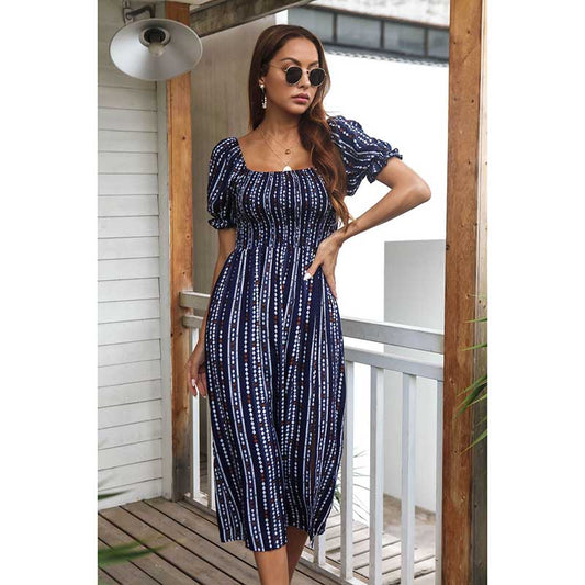 European and American Women's Casual Floral Summer Print Puff Sleeve Rayon Dress