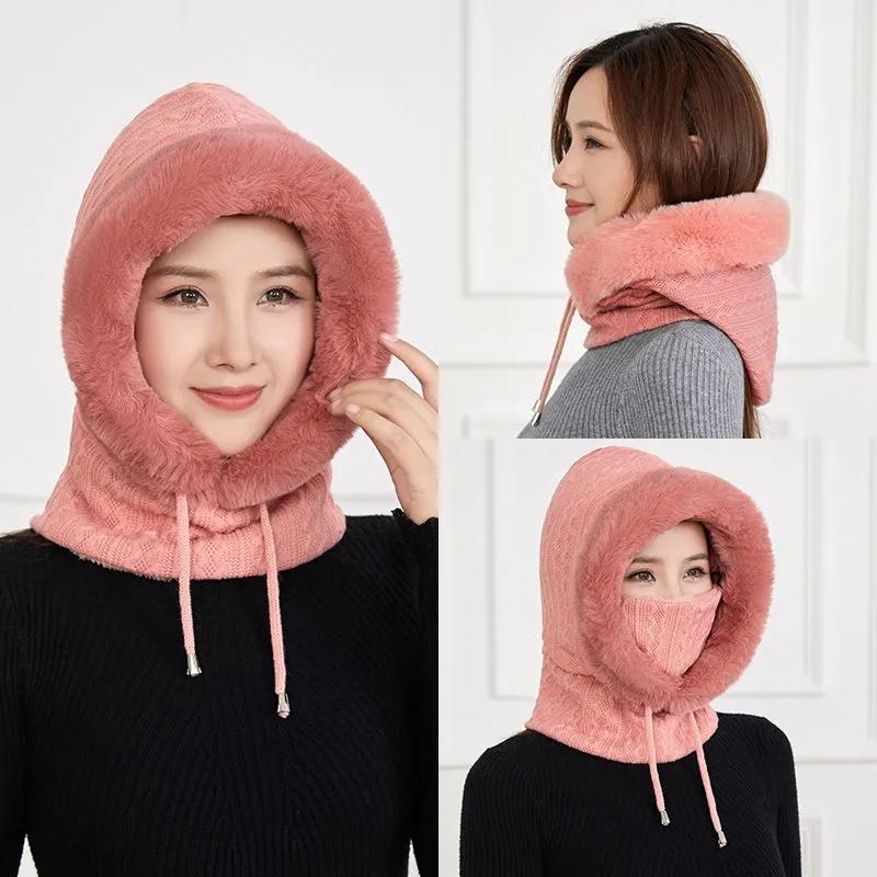 Women's Hat Plus Velvet Thick Warm Windproof Hood Ear Neck Protection Knitted Hat Woolen Cap Winter One-piece Cap Scarf Set