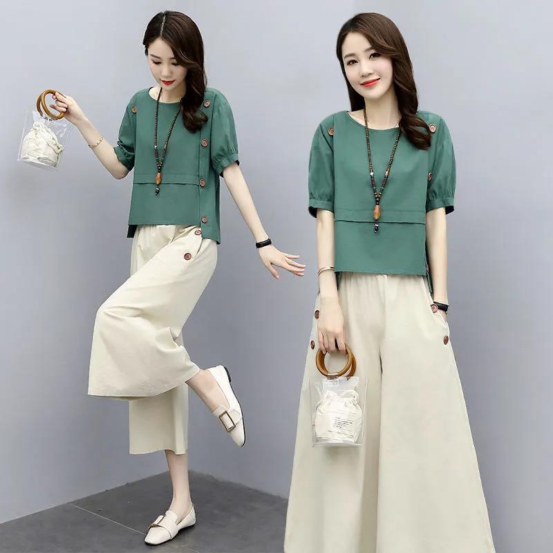 Suit Cotton and Linen Wide-leg Pants Suit Women's Summer Dress Retro Slim Casual Two-piece Casual Chinese Style