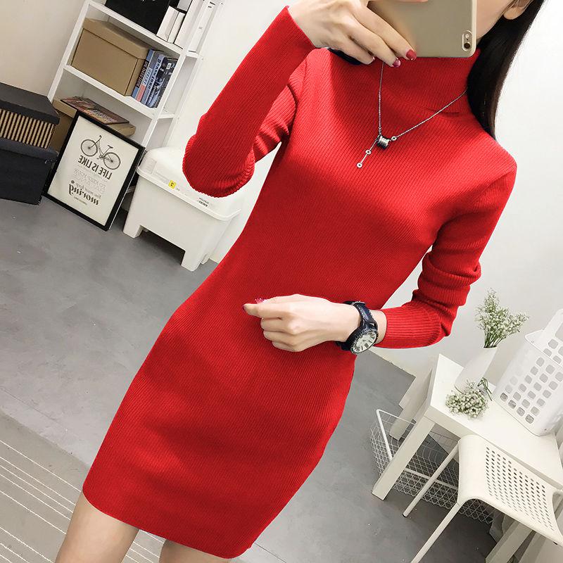 Woman Medium and Long Section High Collar Sweater Winter Knitting Sweaters Large Size Sweater Skirt