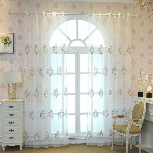 Princess Wind White Korean Window Screen Pastoral Embroidery Curtains Semi-shading Living Room Balcony Bay Window Sand Curtain (1 Piece)