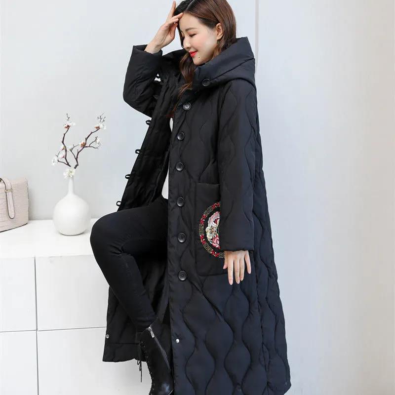 Winter Women's Down Jacket Retro Embroidery Long Cotton Jacket Thick Warmth Folk Style Over-the-knee Windbreaker Jacket