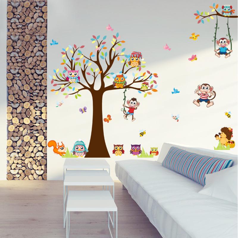 [Wall stickers] cartoon tree squirrel owl animals pvc wall stickers for kids rooms bedroom living ro