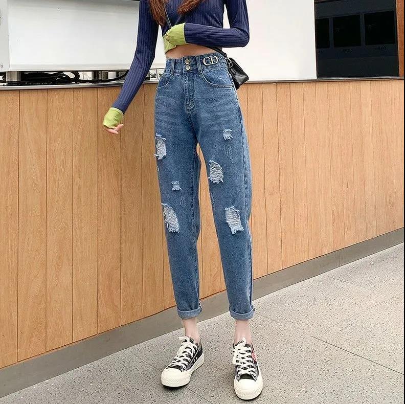 Women Spring Summer Cropped Pants Loose Vintage High Waist Straight Streetwear Denim Ripped Jeans