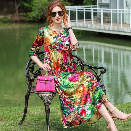 Printed Dress Women's Spring and Summer High Waist Loose and Thin Large Swing Dress Holiday