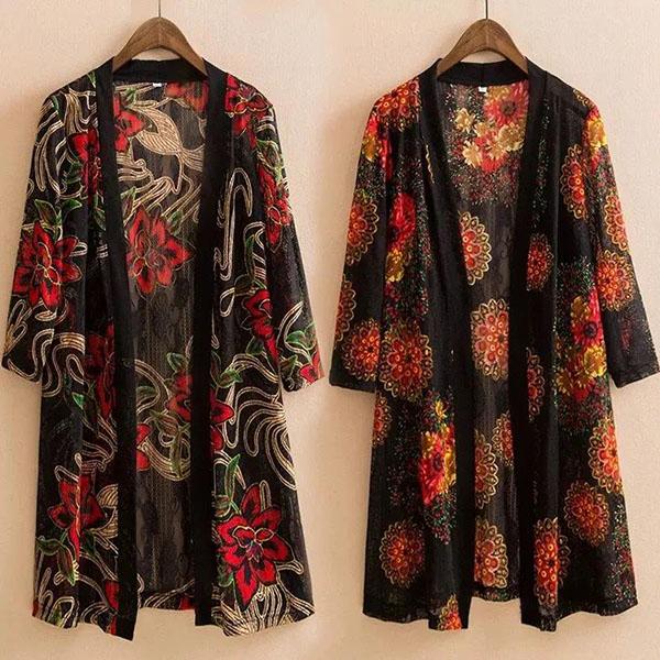 M-5XL Women's Spring and Summer Plus Size Lace Cardigan Female Printed Mid-length Shawl Slim Hollow-carved Design Thin Coat