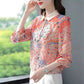 Floral Chiffon Shirt Women's Spring and Summer Western Style Polo Shirt All-match Blouse Three-quarter Sleeve Top