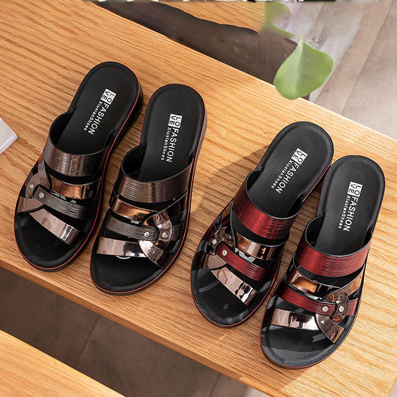 Slippers Women's Summer Wear Mid-heel Soft-soled Middle-aged Ladies Flat-bottom Non-slip Middle-aged and Elderly Mother Sandals