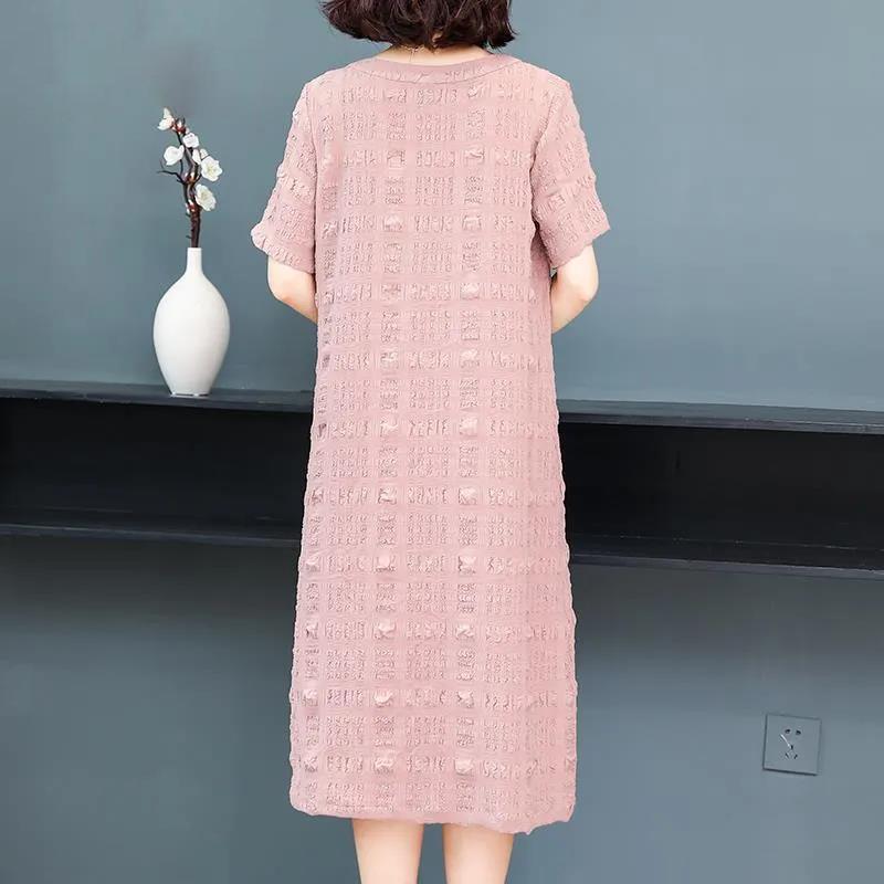 Short-sleeved Simple Retro Dress Round Neck Short-sleeved Women's Loose Mid-length Skirt Fabric Light and Breathable Straight Version Dress