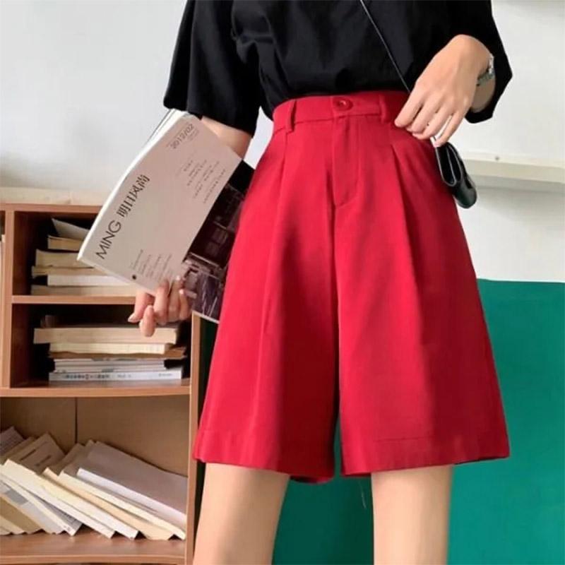 Women's Summer Straight Shorts Korean Version Drape Loose and Thin Casual High Waist Suit Wide Leg Pants Student Wide Leg Pants Elastic Waist Shorts