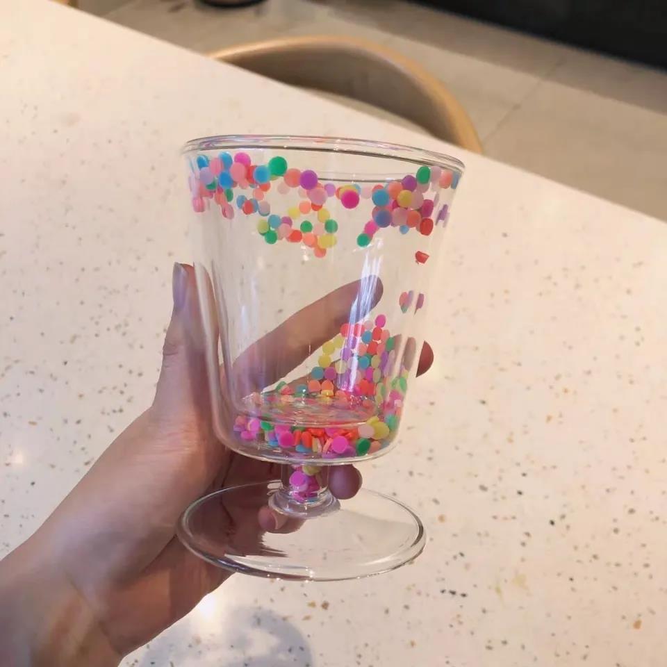 Korean Version of Ins Girl Creative Cute Double Glass Cup Goblet Flowing Color Film Water Cup New Year Gift Cup