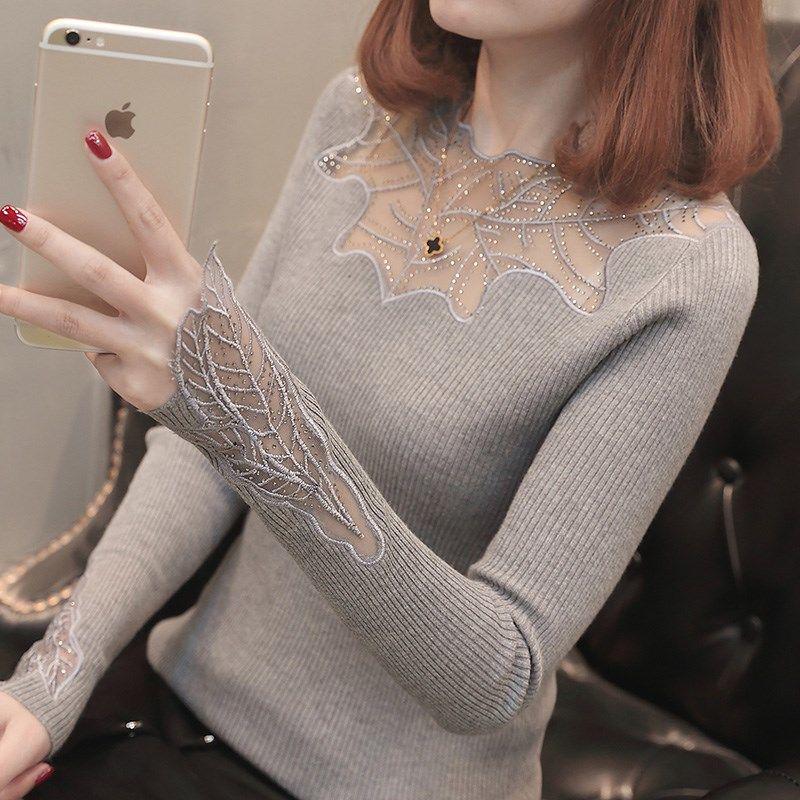 Pofulove Fashion Sexy Embroidered Rhinestone Lace Sweater Pullover Bottoming Shirt Hollow Sweater