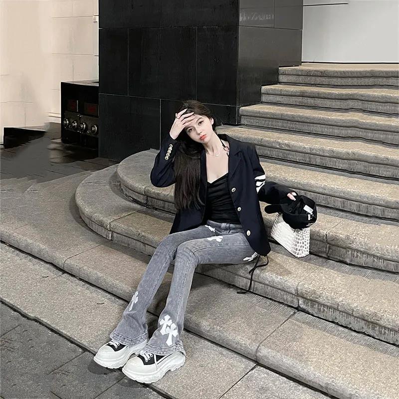 Large Size Autumn and Winter Horseshoe Pants Smoke Gray Cloth Cross Jeans Female Fashion Trend