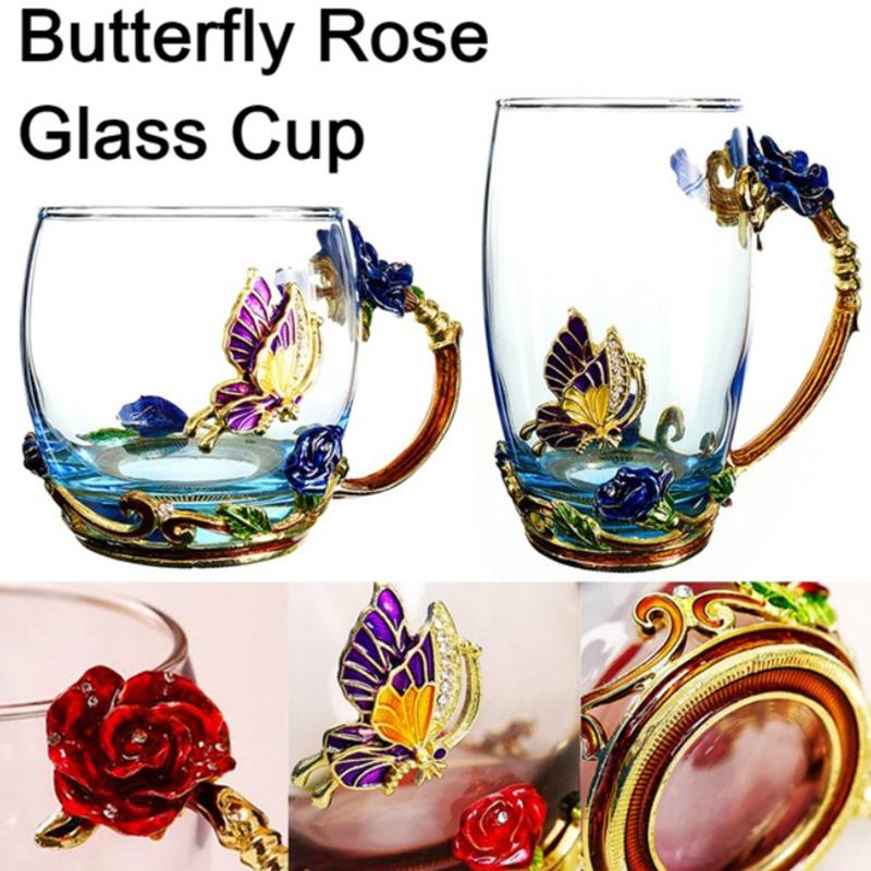 Exquisite 3D Coffee Tea Glass Enamel Cups Butterfly Rose Tea Cup Carved Flower Cup