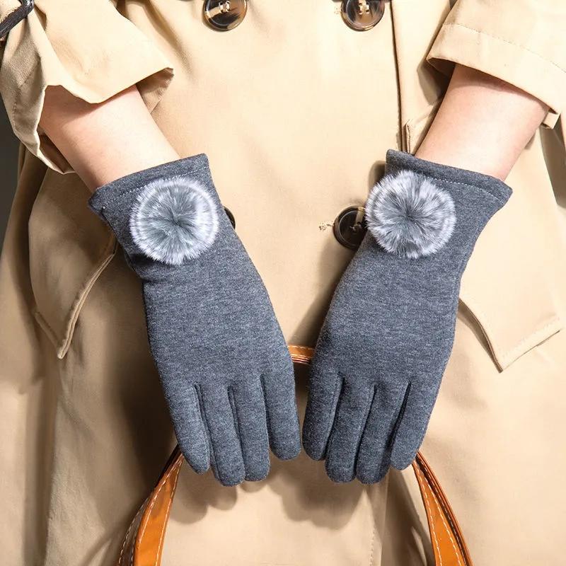 Women's Autumn Winter Warm Gloves Korean Style Cute Fur Ball Windproof Touch Screen Plus Velvet Cotton Mittens Riding Gloves Female Elegant Gloves