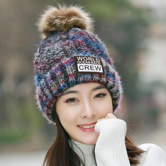 Women's Winter Hat Woolen Knitted Hat Plus Velvet Padded Thick Windproof Hat Korean Student Fur Ball Warm Ear Protection Cap Knitting Hat