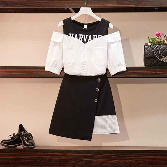 Women Sexy Off-shoulder Sleeve T-Shirt+ Irregular Skirt 2pc Office Lady T-shirt Skirt Suit