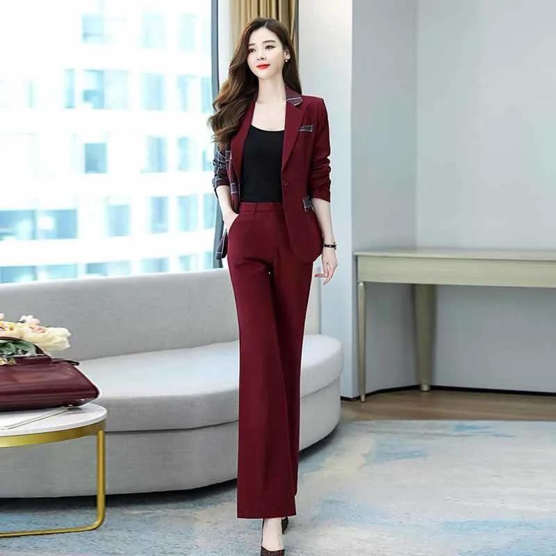 Women Blazer Suit for Spring Autumn Lady Blazer Jacket +Long Pant Female Outerwear Elegant Ladies Coat Plus Size M-3L