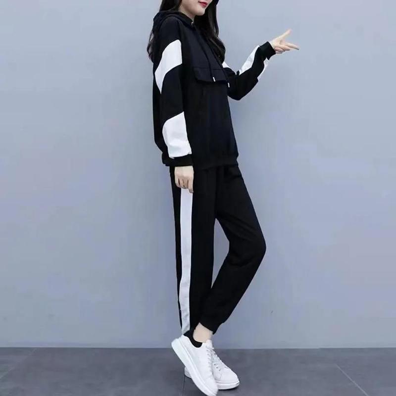 Women's Black and White Stitching Color Hoodie Suit Women's Loose and Thin Leisure Sports Two-piece Hooded Sweater Loose Sweatpants