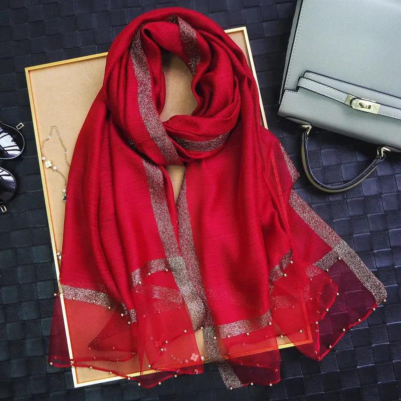 Women's Boutique Silk Scarf Mulberry Silk Scarf Warm Autumn and Winter Shawl Scarf Embroidered Gauze Scarves Pearl Hem Decor Neckerchief Solid Shawl