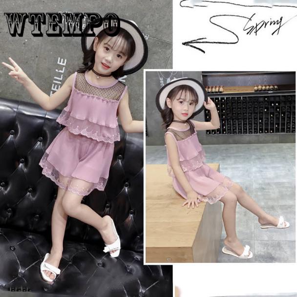 2PCS Kids Girl Clothing Short Sleeve Lace Tops + Short Pants Trousers Suit