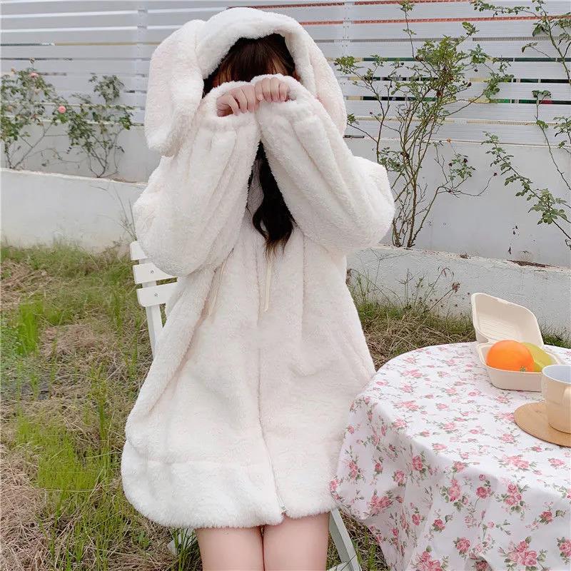 Rabbit Ears Hoodies Women Zip-up Sweatshirts Coat Long Lantern Sleeve Hooded Lolita Cute Sweet Girls Harajuku Warm Baggy for Her