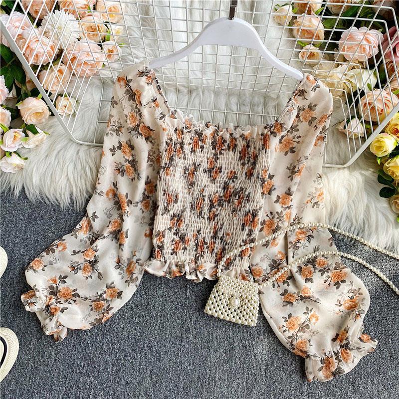 Retro Sexy Waist Top Floral Square Neck Chiffon Shirt Long Sleeve Temperament High Waist Short One-word Collar Off-Shoulder T-Shirt