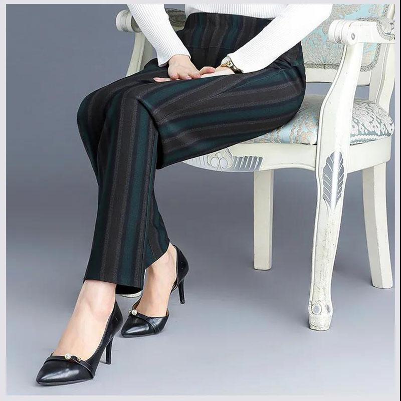 Thick Striped Pants Women's Autumn and Winter Plus Velvet Stretch High-waist Straight-leg Pants Middle-aged Mother Pants