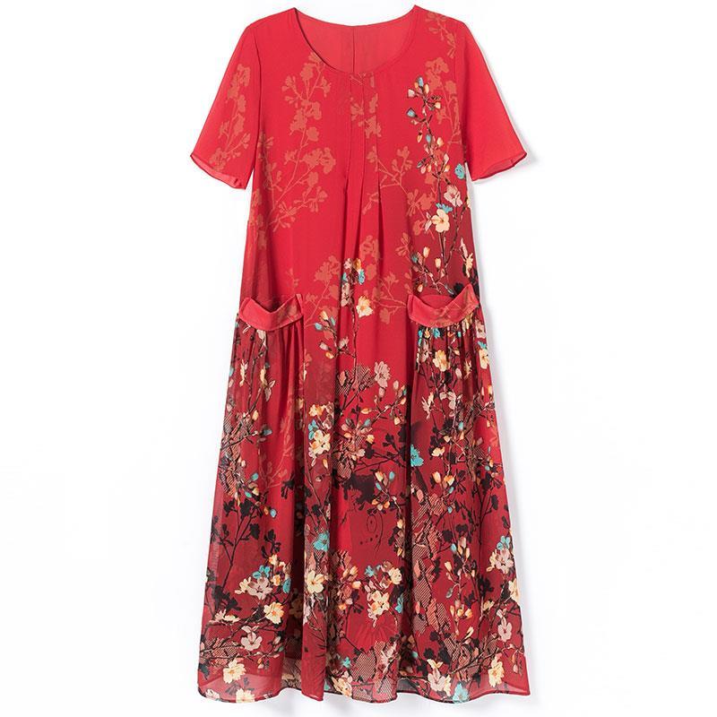 Mom's Summer Chiffon Dress Mid-length Plus Size Printed Over-the-knee Skirt