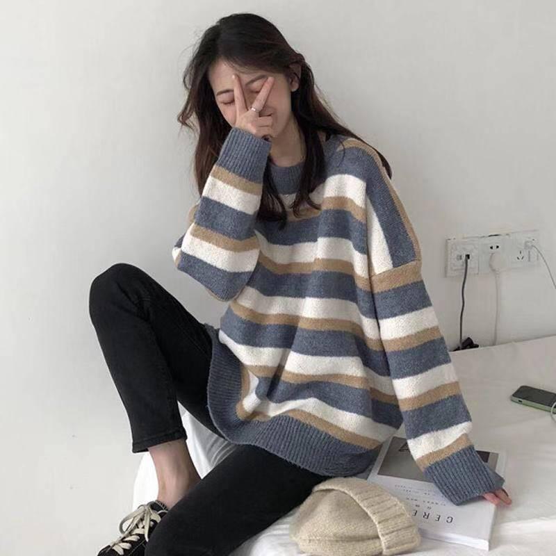 Pofulove  Hit Color Striped Sweater Women Korean Lazy Loose Was Thin Bottoming Sweater Fashion