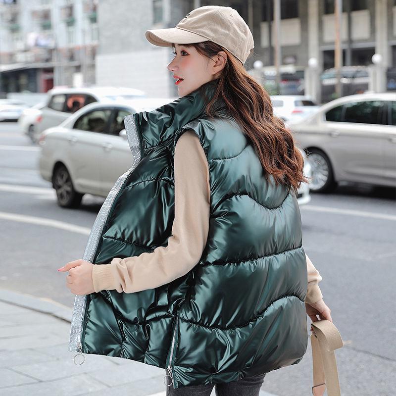 Glossy Stand-up Collar Hoodless Down Cotton Vest Women's Short Autumn and Winter Wear Thick Warm Jacket Loose Wild Vest Cotton Vest Vest