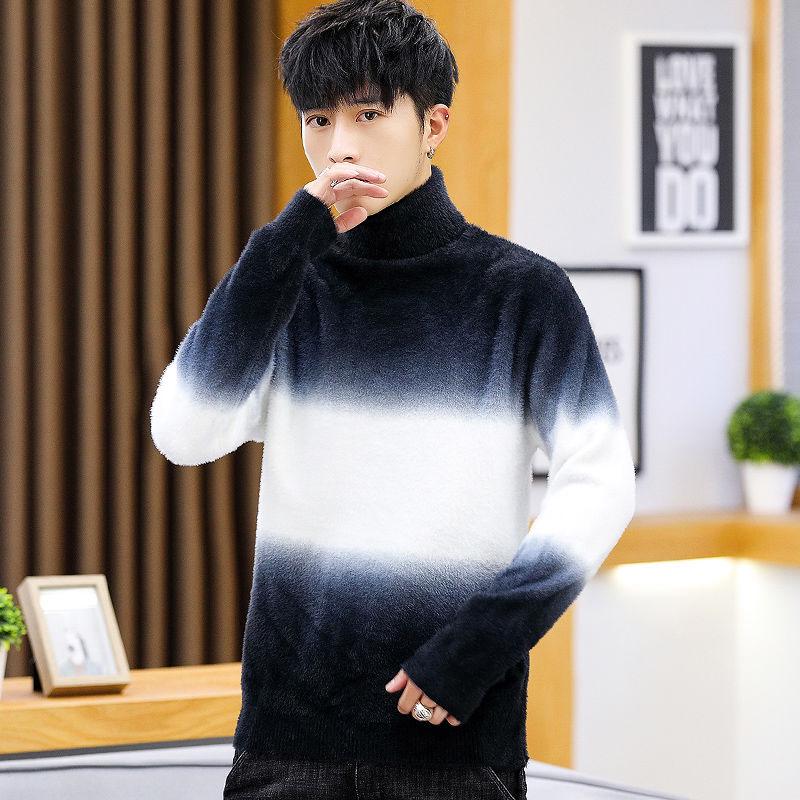 Men's Imitation Mink Velvet Turtleneck Sweater Korean Version of Slim Plus Velvet Thick Sweater Gradient Color Fuzzy Sweater