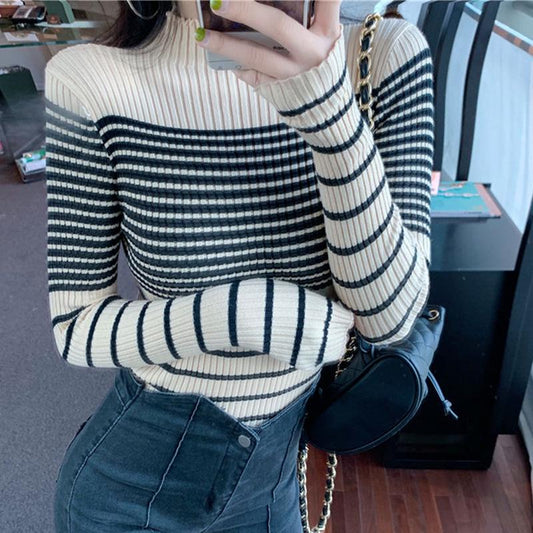 Autumn Retro Hit Color Striped Sweater Turtleneck Pullover All-match Long-sleeved Sweater Women's Slim Bottoming Shirt Top Tide