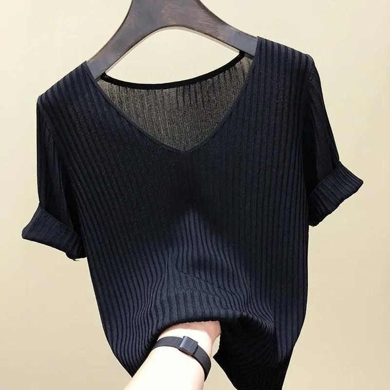 Spring Summer Women's Short Sleeve T-Shirt Female Ice Silk Knit Top V-Neck Loose Large Size Bottoming Shirt