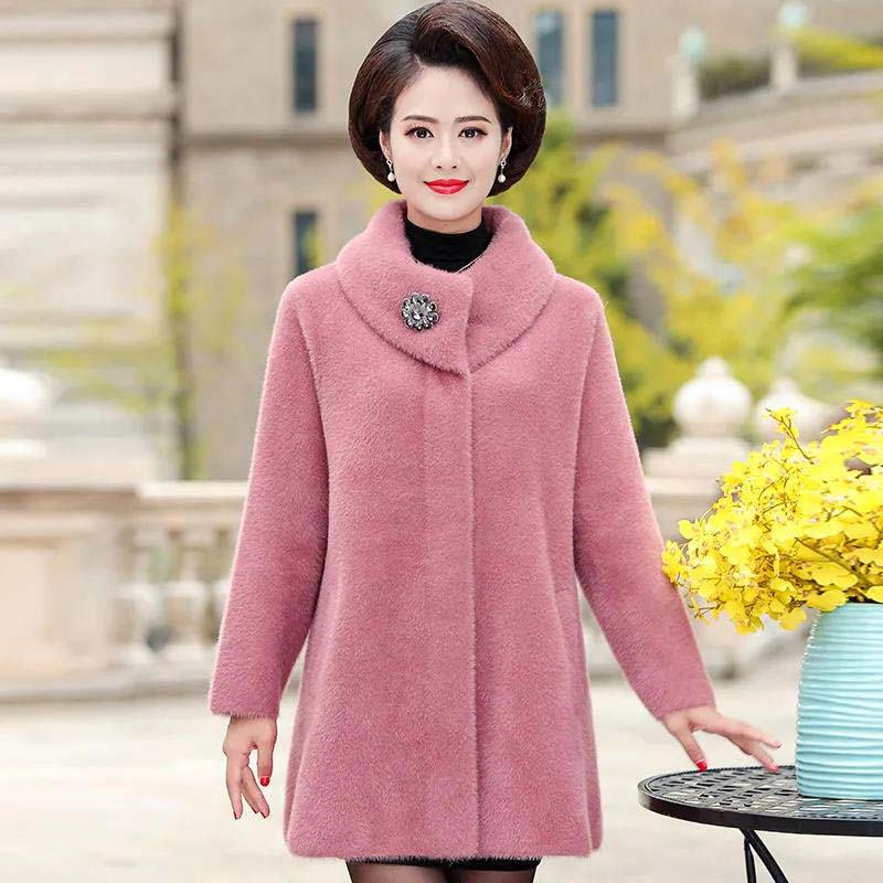 Imitation Mink Velvet Coat Female Middle-aged Mother Autumn and Winter Noble and Thick Mid-length Coat