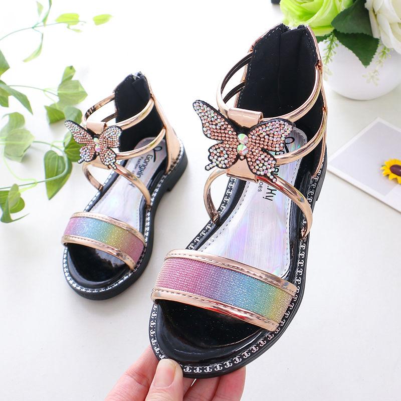 Girls Sandals Summer Korean Princess Sandals Rhinestone Roman Sandals Non-slip Soft Bottom Big Kids