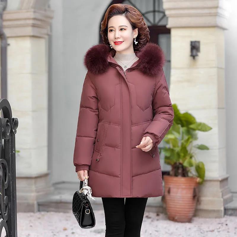 Winter Down Cotton Jacket Fashion Hooded Mid-length Jacket Thick Warm Cotton Jacket Suitable for Middle-aged Women