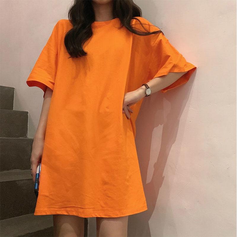 Solid Color Long Skirt Girls Short-sleeved Loose BF Style Pajamas Can Be Worn As Home Clothes