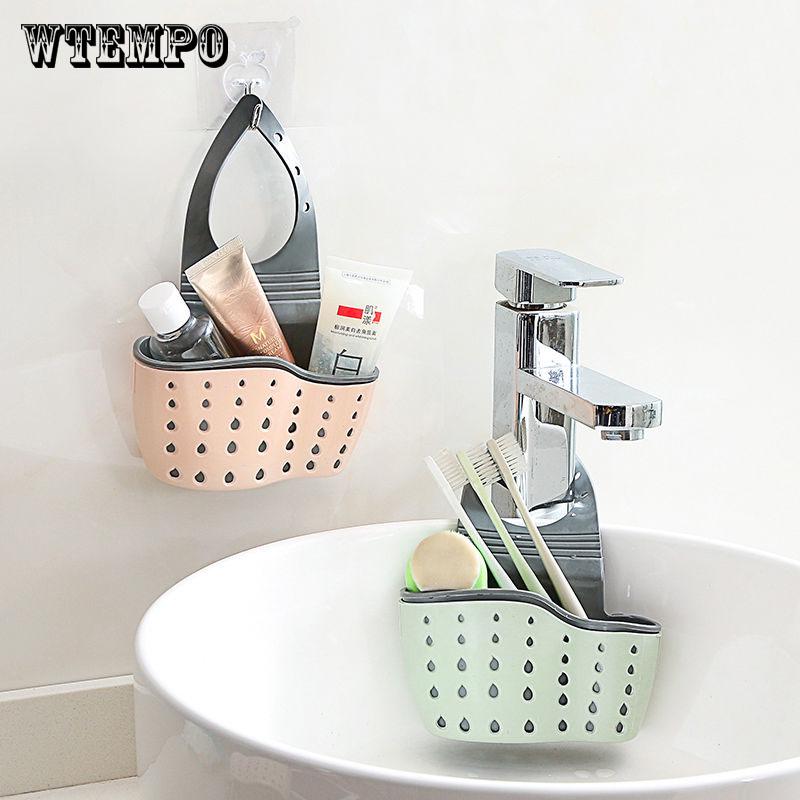 Kitchen Tools Sink Faucet Hanging Storage Basket Adjustable Push-Button-Clasp Soap Storage