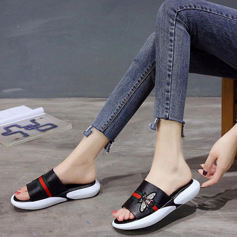 Plus Size 35-40 Summer Women PU Leather Slippers Outdoor Flat Bohemian Beach Wear-resistant Non-slip Office Lady Bee Sandals