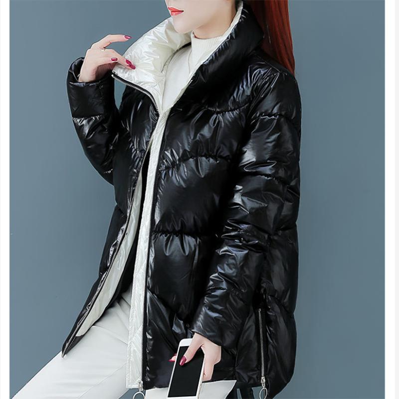 Women's Shiny Mid-length Down Jacket Winter Korean Style Loose Coat Warm Stand-collar Down Jacket